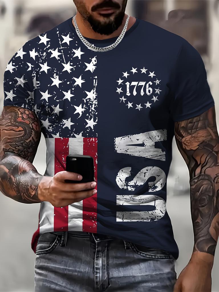 VintageT-Shirt dla mężczyzn American Flag Graphic T Shirts 1776 Print Tees Koszulki z krótkim rękawem Outdoor Oversized Men's Clothing Top