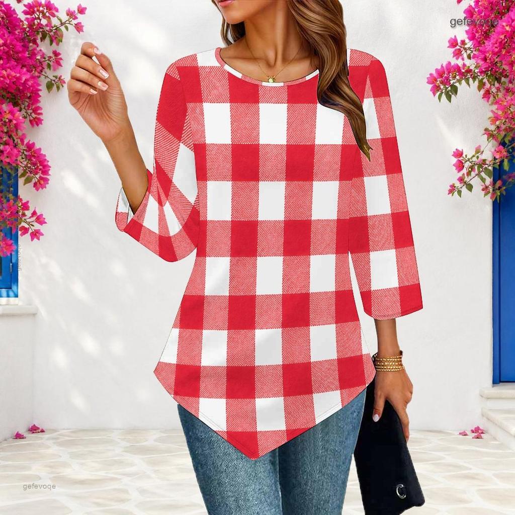 Women Plus Size Round Neck Three Quarter Sleeve Geometric Printed Pointed Hem Casual Blouse