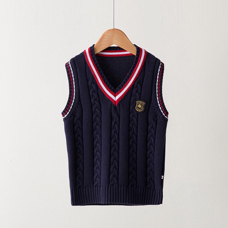 Children's Pure Cotton Preppy Knit Sweater Vest - Sleeveless Spring/Autumn School Uniform Style