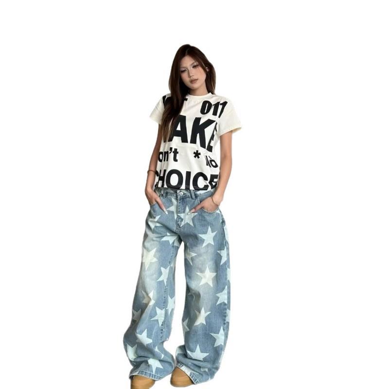 Washed Star Print Straight Fit Denim Pants Unisex Loose Wide Leg Streetwear Jeans