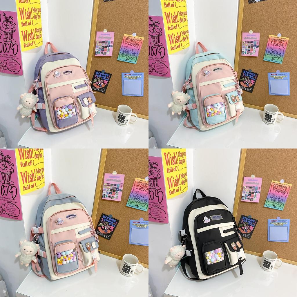Zaino Studente Color Block alla Moda Con Ciondolo Palla Colorata e Spilla Decorativa Per Viaggi Casual e Uso Quotidiano