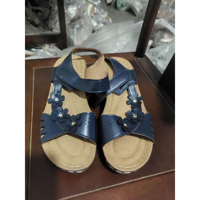 Wedge heel sandals women's summer new hollow flower thick sole one-word sandals beach women's sandals