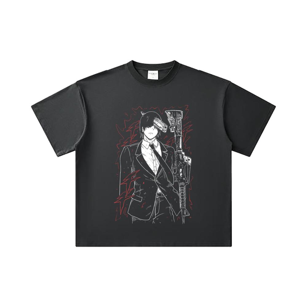 260 GSM Double Yarn 32 Count 100% Cotton Chainsaw Man V30 Gun Devil Print Unisex Heavy Cotton T Shirt