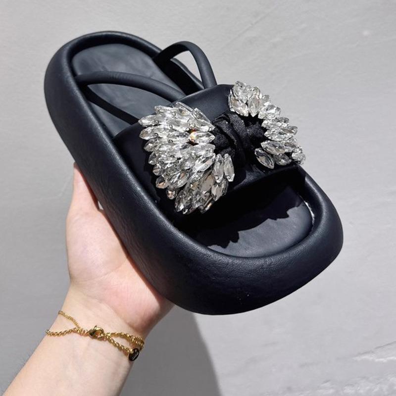 JX bow rhinestone thick-soled one-word slippers for women to wear new fashionable versatile casual beach slippers