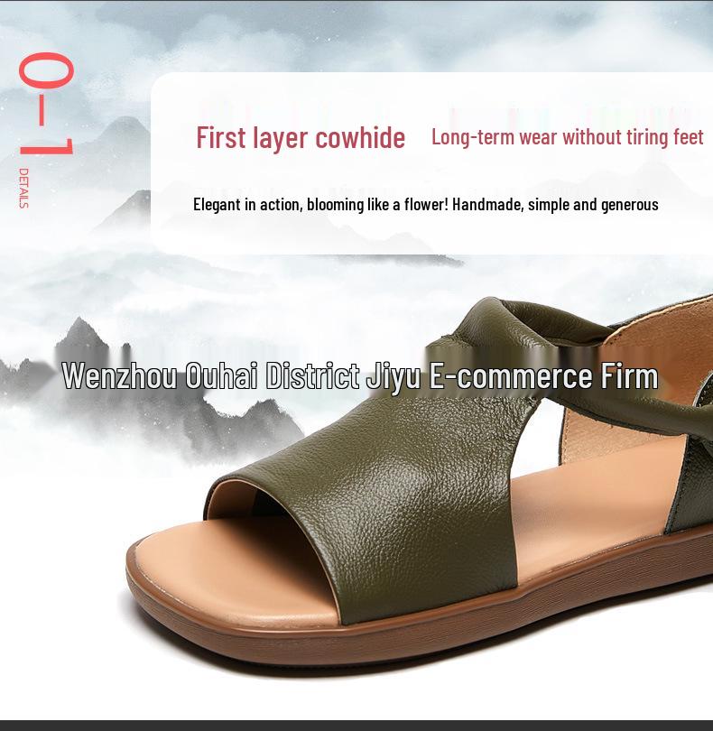 Sandale Plate de Damă Retro Handmade din Piele de Vacă - Confortabile cu Velcro și Vârf Deschis pentru Vară