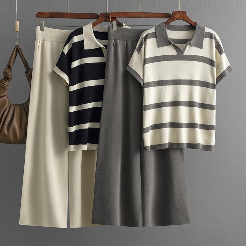 Summer color matching striped collar casual fashion short-sleeved knitted top solid color loose wide-leg pants two-piece set