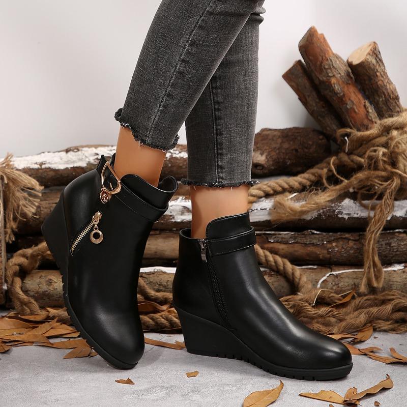 Fashion Winter Fashion Side Zip Short Barrel Women's Boots Round Toe Black Botas Classics Wedges Chuny Heels Ankle Boots Anti-Skip Shoes