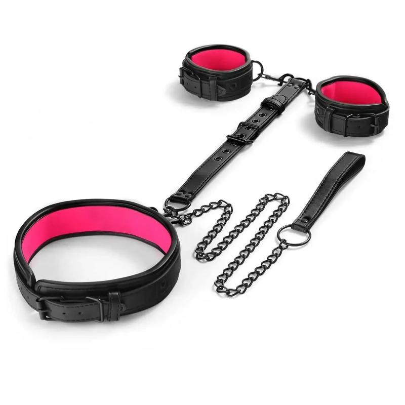 Kit de Contraintes Bondage Cou-Poignet – Jouets Sexuels pour Couples avec Laisse à Chaîne, Menottes et Collier pour Jeu de Rôle d'Esclave