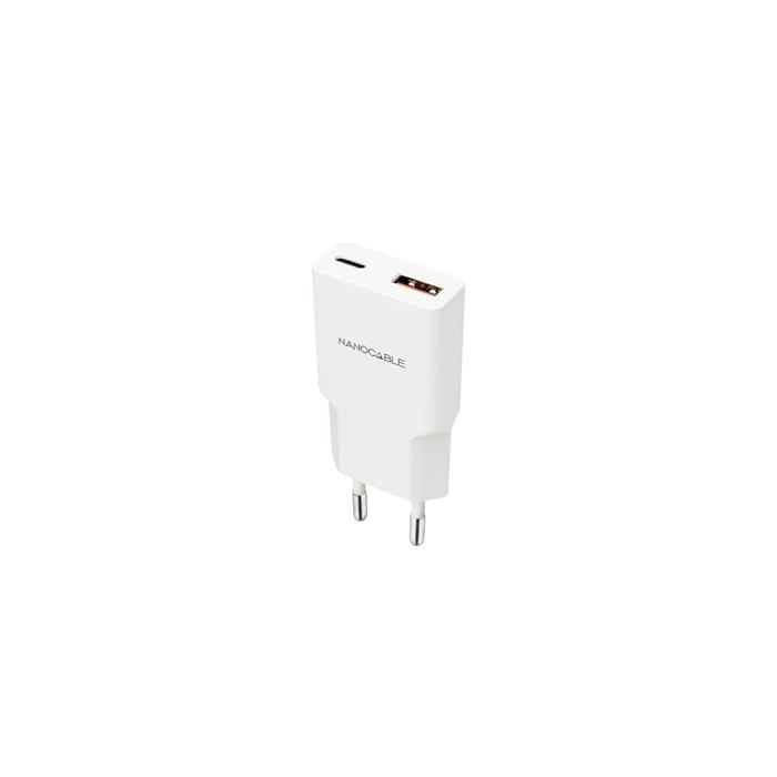 Chargeur USB-C/PD Et USB-A/QC 30W - Nano Cable - Charge Rapide Double - Blanc - 81x36x15 Mm