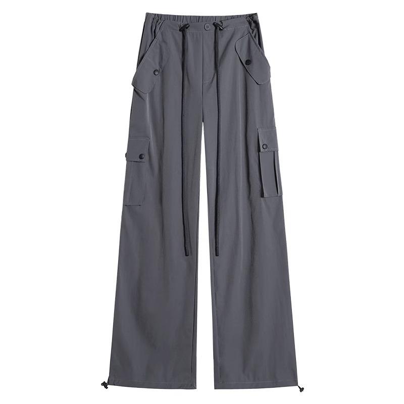 Women's Gray High Waist Cargo Pants - 2025 Spring/Summer, Lightweight, Wide-Leg, Casual American Style