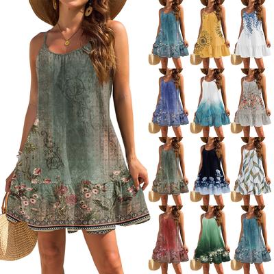 Women's Dresses Sleeveless Loose Casual Floral Print Hem Pleated Beach Dresses