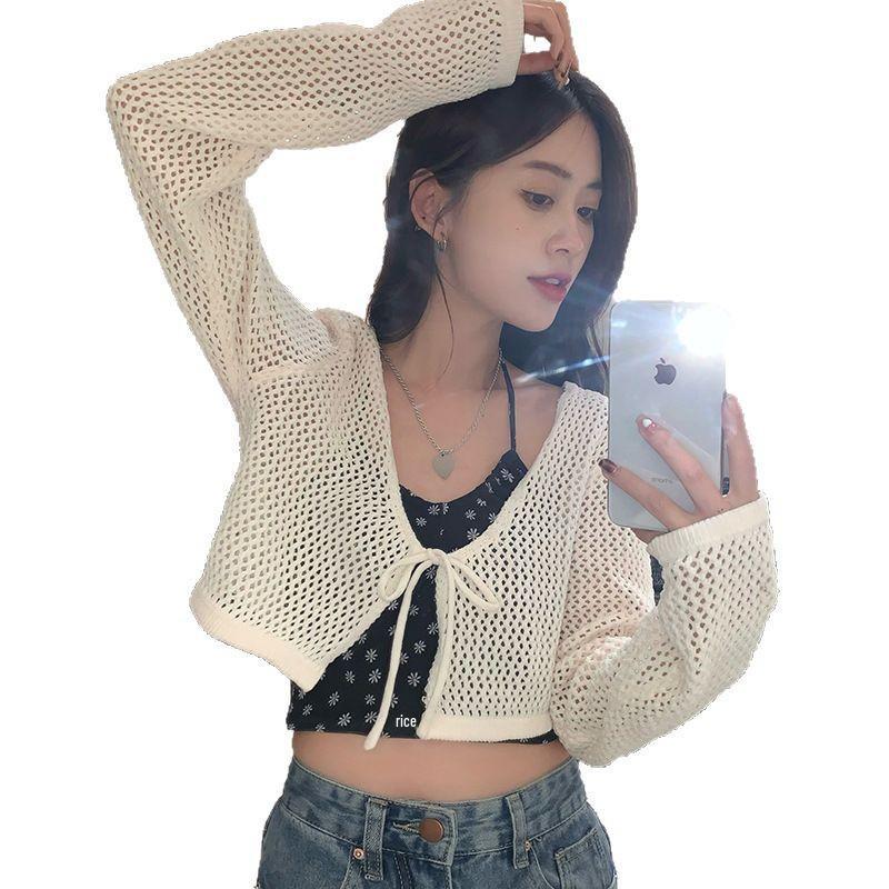 Women's Slimming Lace-Up Short Cardigan - Thin, Sun Protection Knit, Long Sleeve, Casual Summer Style