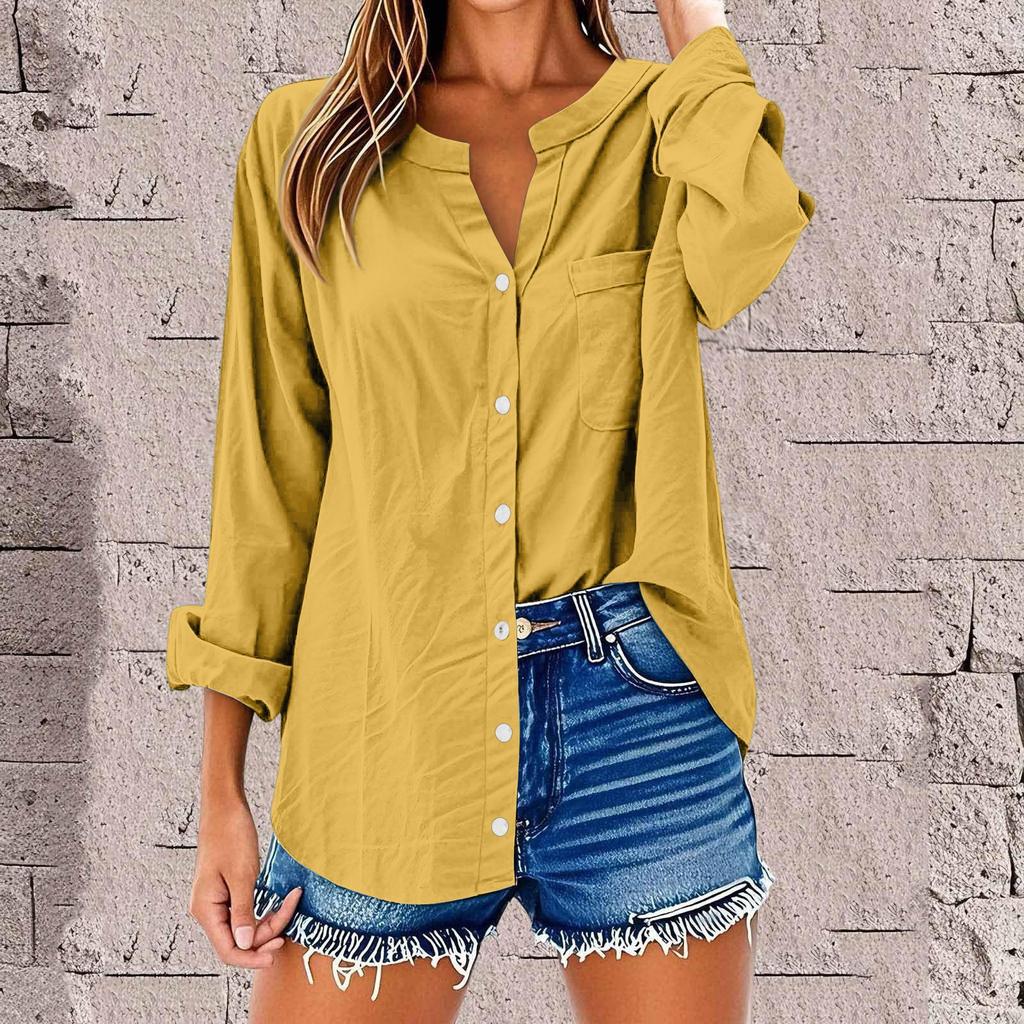 Women's Fashion Casual Solid Color T-Shirt Cotton Linen Long Sleeve Cardigan Loose Top