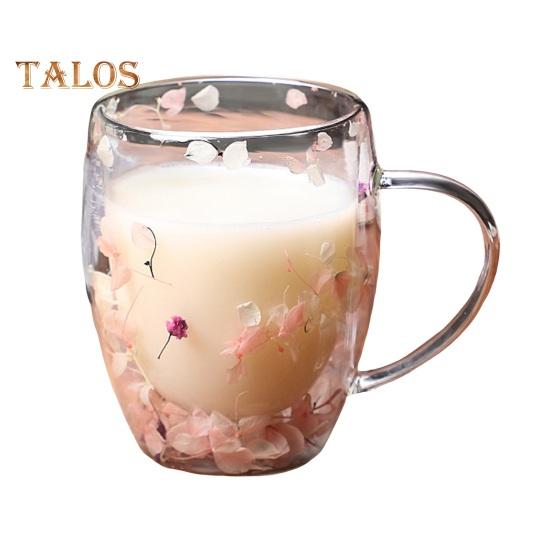 Çift Duvarlı Cam Çiçekli Kupa 250ml/350ml Şeffaf Estetik İçecek Kupası Yalıtımlı Saplı Gerçek Çiçek Dekorasyonu Çift Katmanlı Isı Korumalı
