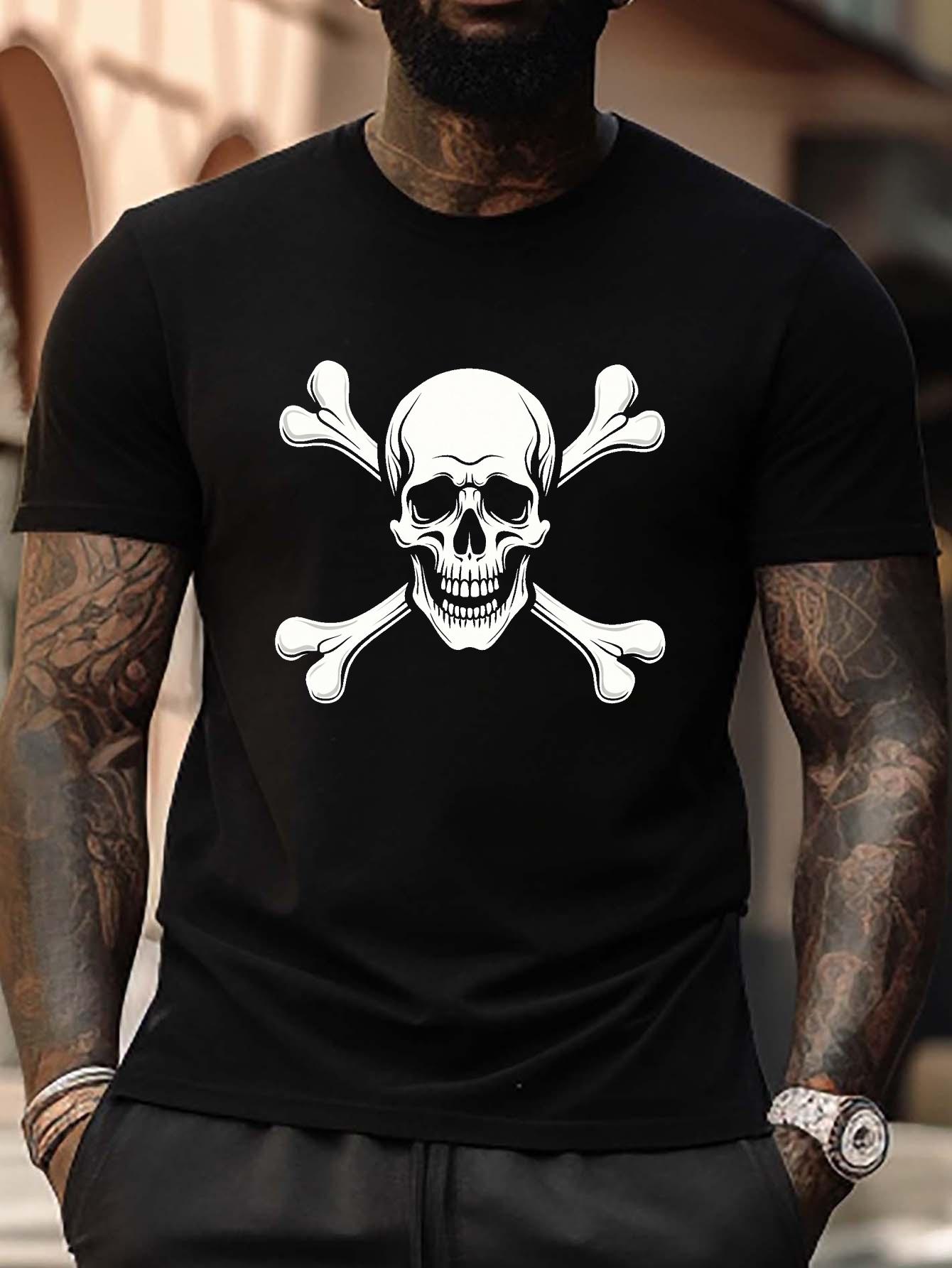 Plus Size Jolly Roger Skull & Graphic T-shirt - Casual Crew Neck S