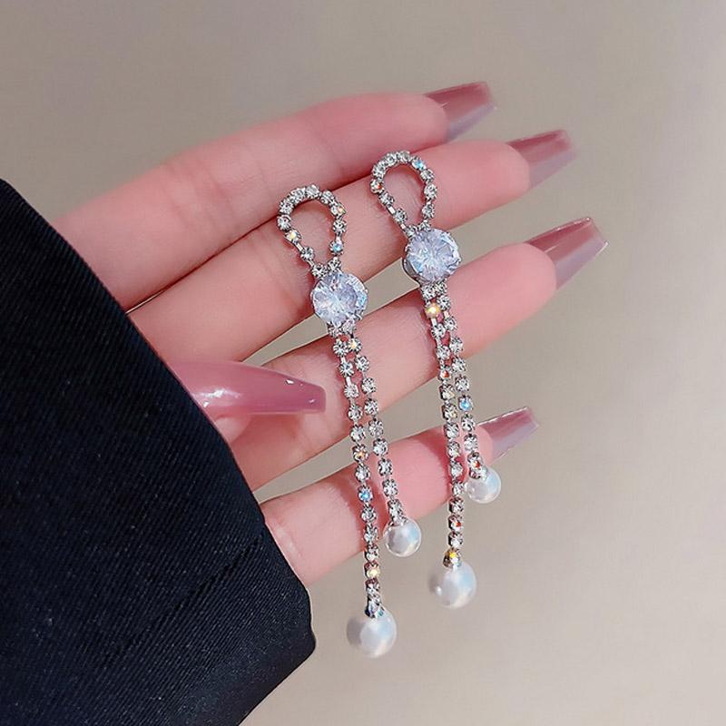 Shiny Zircon Geometric Chain Earrings for Women Luxury Crystal Bowknot Imitation Pearl Water Drop Earring Wedding Party Jewelry