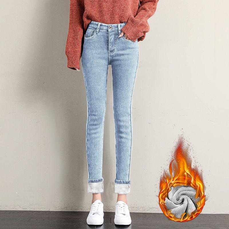Женские узкие плюшевые джинсы с высокой талией — плотные, эластичные, облегающие брюки-карандаш для зимы