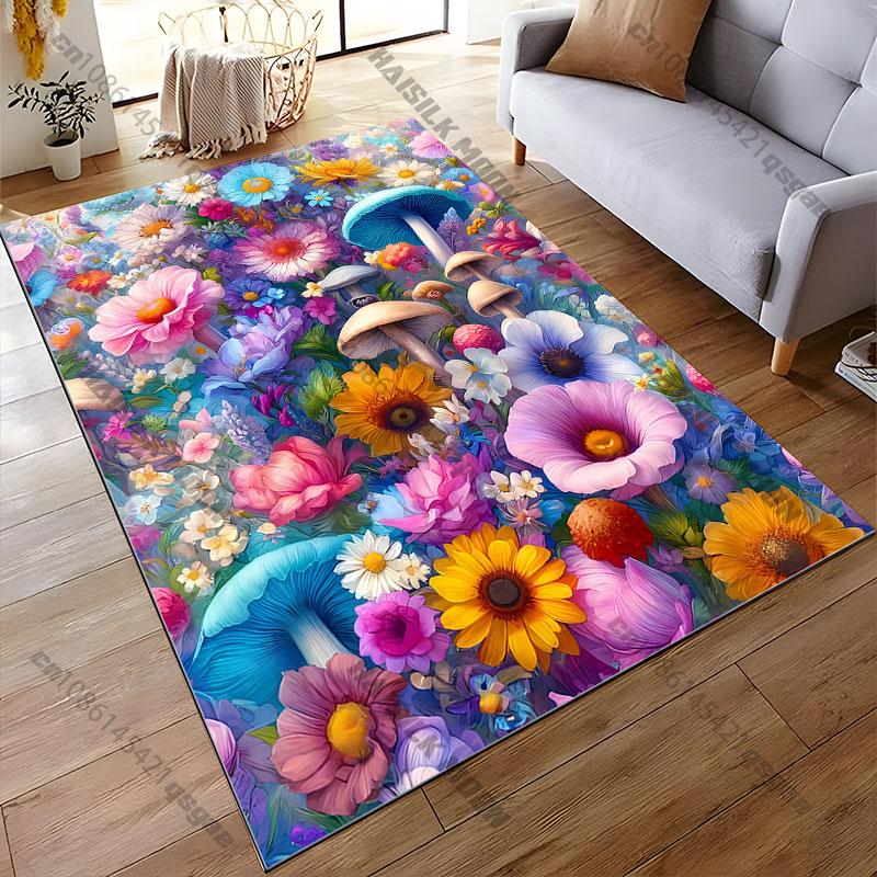 Colorful flowers and vibrant mushrooms carpet Yoga living room room decor children's crawling mat doormat area rug