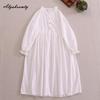 Japanese Mori Girl Spring Summer Women Baggy Thin Dress Ruffled Collar White Apricot Black Cotton Dress Comfortable Natural Midi Dress