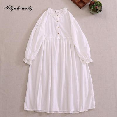 Japanisches Mori Mädchen Frühling Sommer Damen Baggy Dünnes Kleid Rüschenkragen Weiß Aprikose Schwarz Baumwollkleid Bequemes natürliches Midikleid