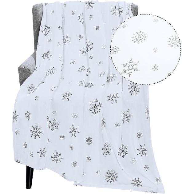 FRAMICS Christmas Throw Blanket, Soft White Winter Fleece Blanket Throw, Silver Snowflake Warm Fuzzy Flannel Blanket for Couch Sofa Decorative