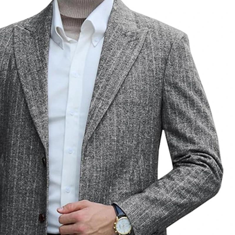 Autumn Winter Men's Striped Woolen Coats England Style Business Casual Turn Down Collar Long Outerwear