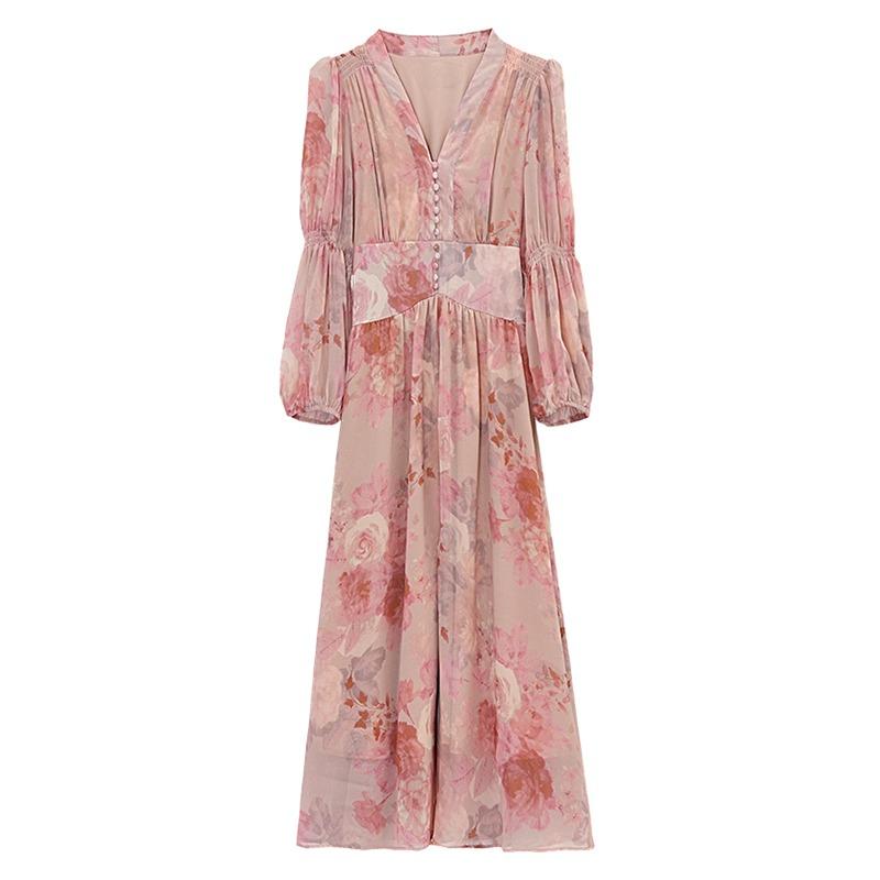 Romantic  Pink Floral Lantern Sleeve Beautiful Dress for Autumn