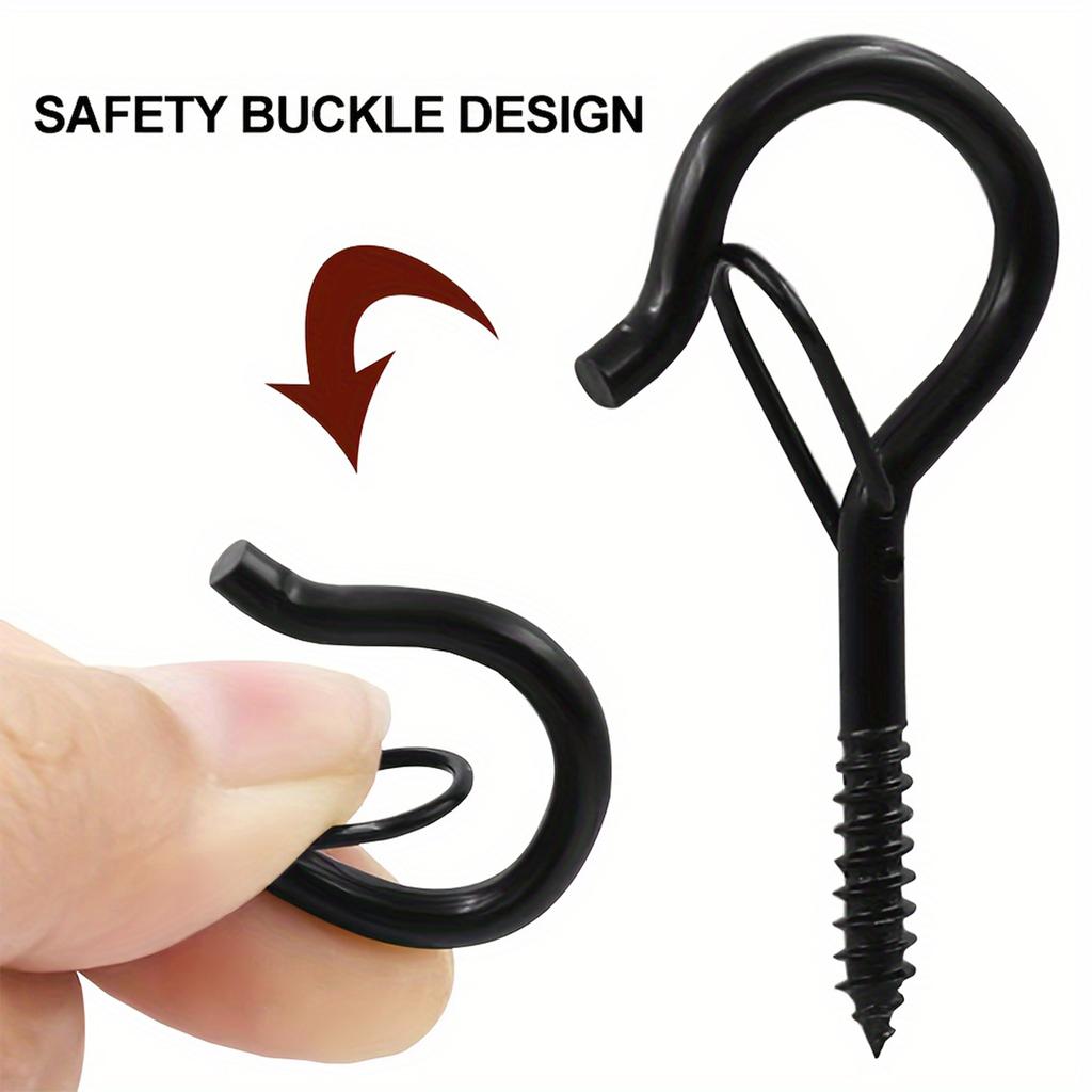10pcs/box Black Hooks With Safety Buckle, Ceiling Screw Hooks For Hanging Outdoor String Lights, Hanging Plants