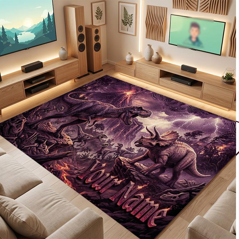 Dinosaur Theme Soft Crystal Velvet Rug Custom Name & Text Print Non Slip Floor Rug for Bedroom Living Room