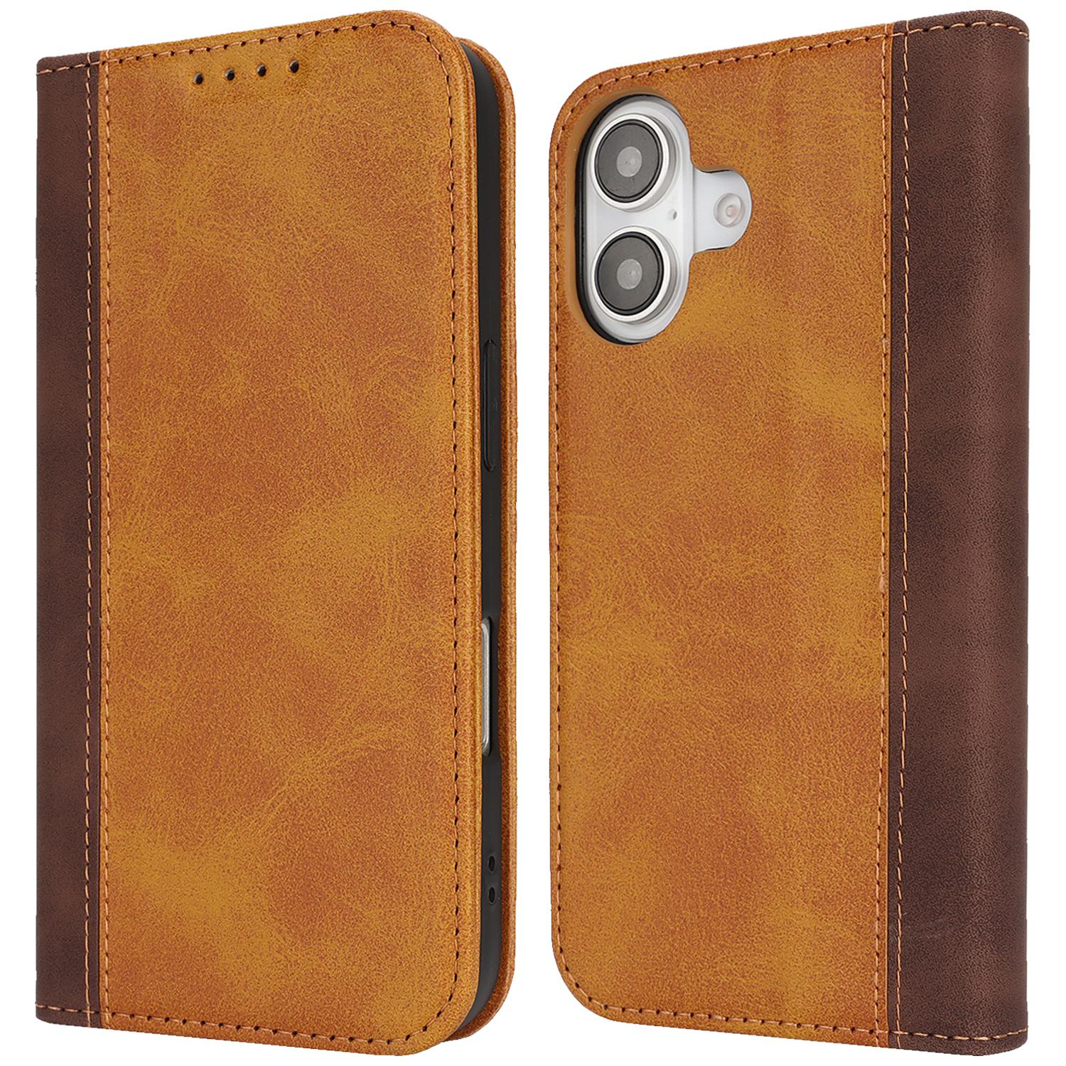 

For iPhone 16 Case Calf Texture 3 Card Slots Color Splicing Leather Phone Cover B