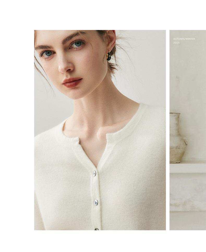 Women's Solid Color Cashmere Cardigan - Round V-Neck, Single-Breasted Wool Sweater for Autumn/Winter.