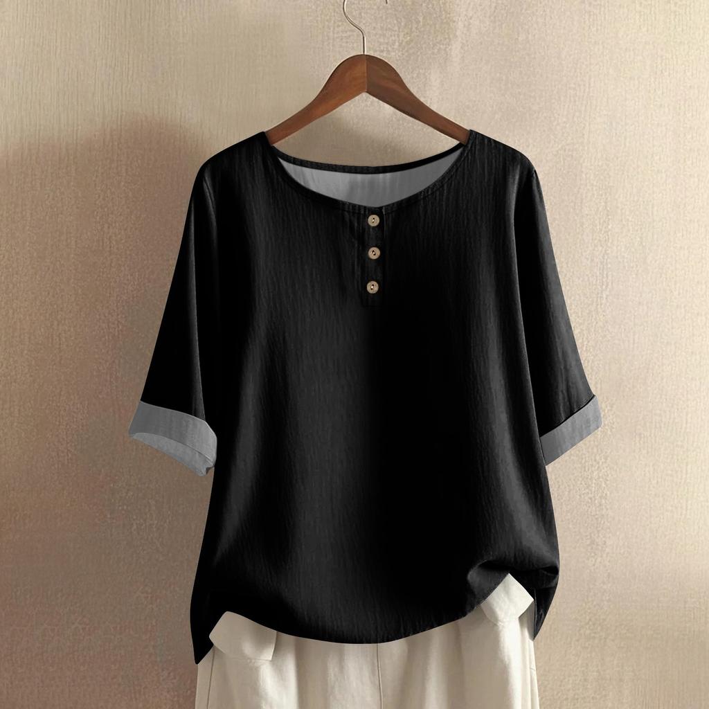 Dames O-hals Blouse met Driekwartmouwen Losse Pasvorm Casual Katoen Linnen Top Effen Kleur Knopen Henley Top