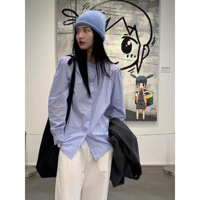 

Удобная и универсальная белая рубашка с круглым вырезом, женская блузка с длинными рукавами, ретро-дизайн, Sense Niche Bubble Ins, темперамент, элегантный модный топ XL синий