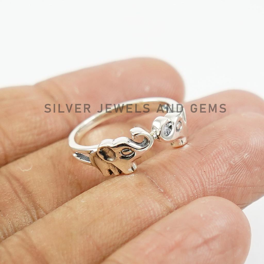 Sterling Silver Two Elephant Ring: Dainty Handmade Jewelry