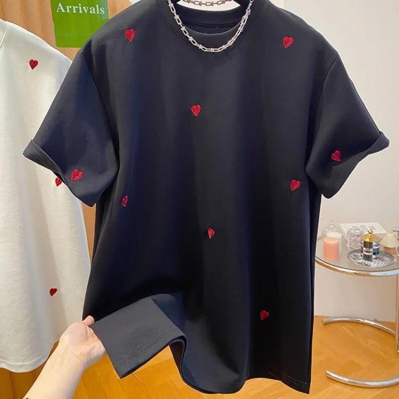 Women's Heart Print Short Sleeve T-Shirt Casual Loose Fit Crew Neck Top