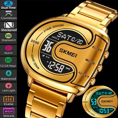 Goldene Herrenarmbanduhren mit großem Zifferblatt, drei Zeitzonen, Edelstahl, Herren-Sport-Digital-Militär-Quarzuhr, leuchtende Herrenuhr