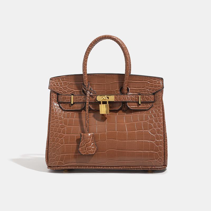 25cm Borsa Birkin Classica Moda Motivo Coccodrillo Lusso Donna Grande Capacità Tote Spalla a Tracolla Borsa Media Materiale PU Morbido Chiusura con Fibbia