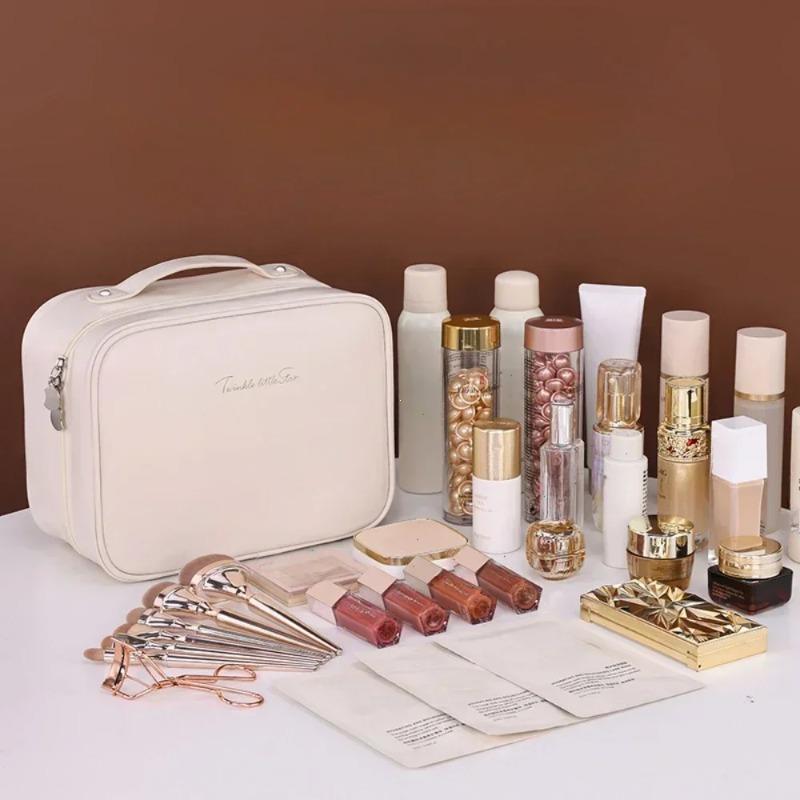 Women PU Leather Double Layer Travel Makeup Wash Clear Cosmetic Bag with Zipper Multi-Compartment Waterproof Toiletry Makeup Box