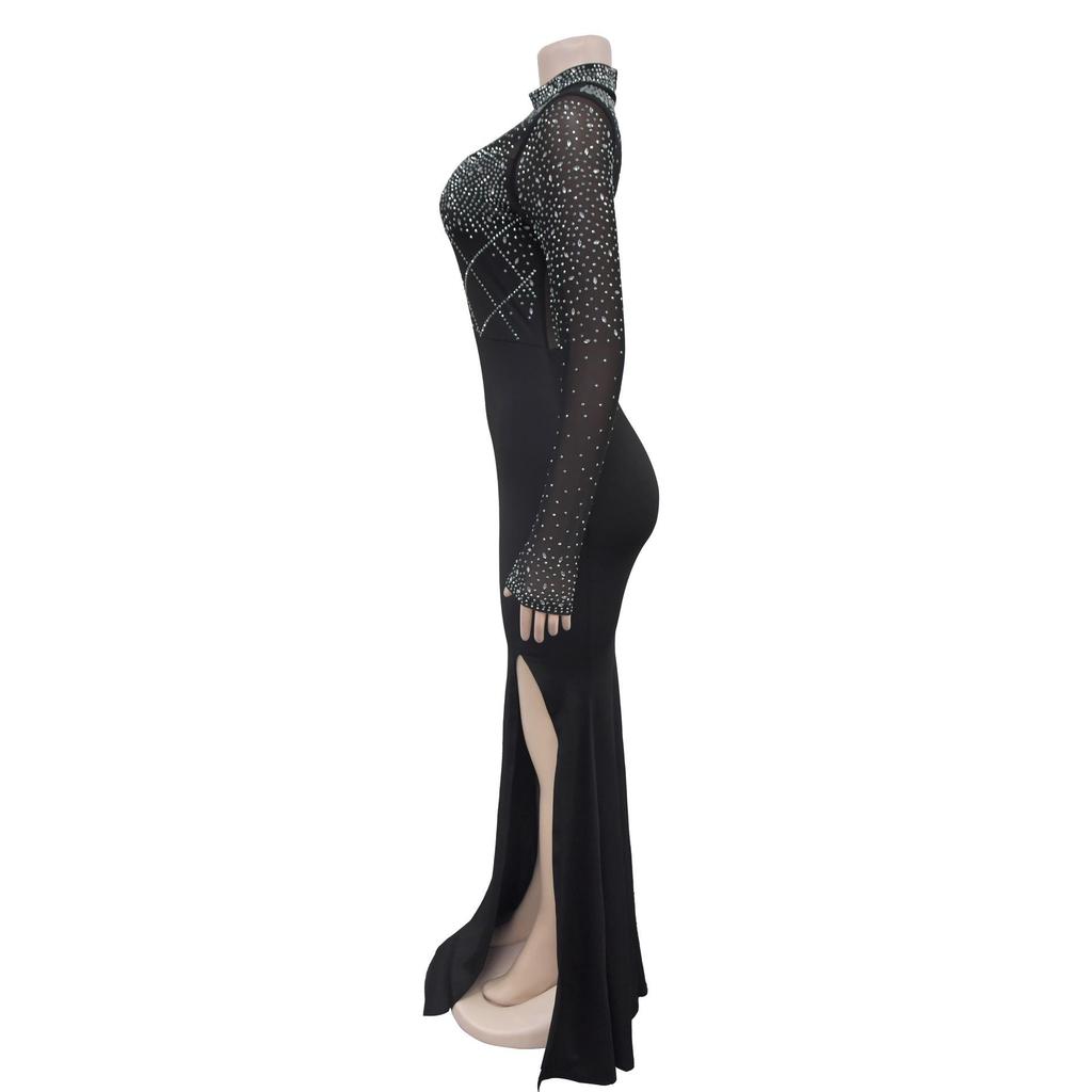 C7045 European & American Fashion Rhinestone Slit Long Dress for Women.