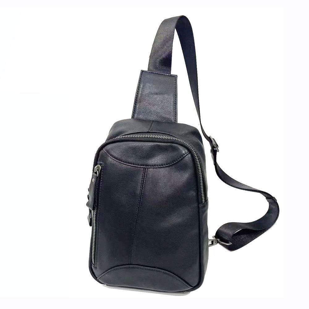 Men'S Breast Bag, Genuine Leather Men'S Bag, Casual Shoulder Bag, Large Capacity Messenger Bag, Black Cowhide.