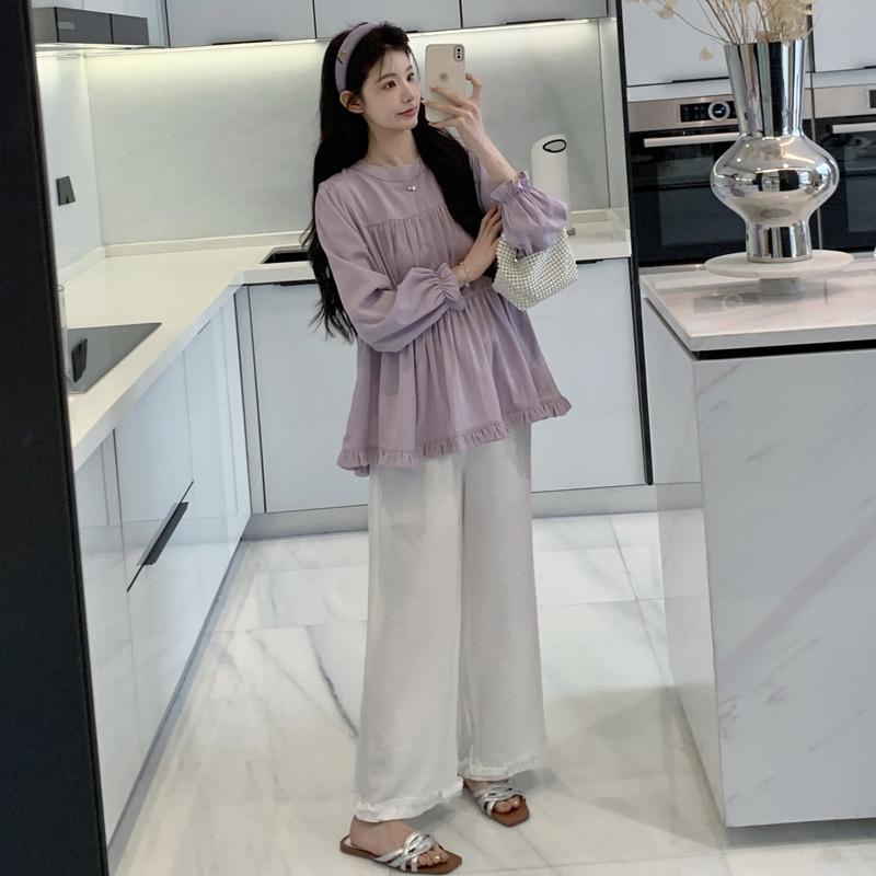 2026 Autumn Loose Long Sleeve Shirt & Drawstring Lace Maternity Pants XL