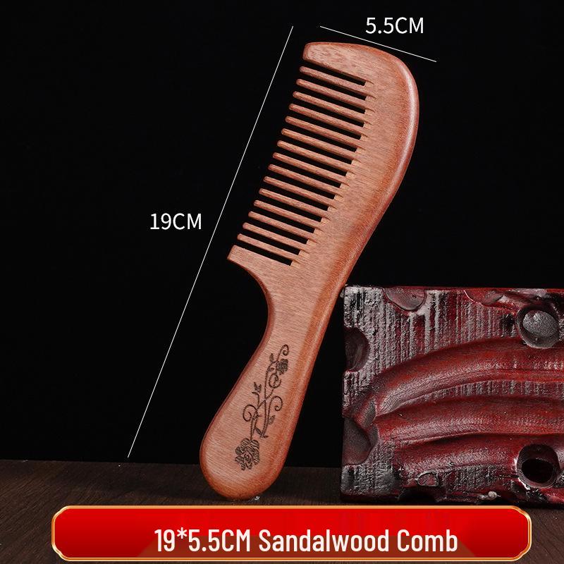 Engraved Sandalwood Long Handle Wide Tooth Scalp Comb