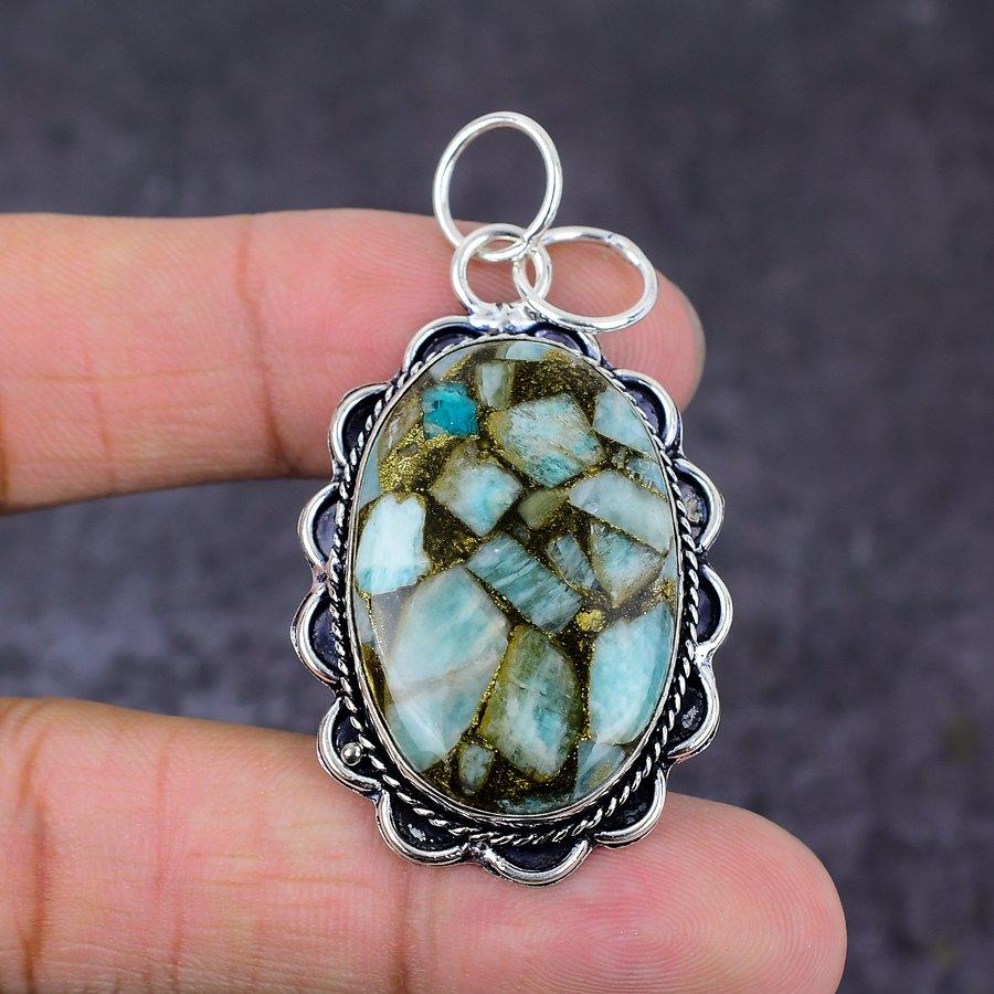 Pendentif en argent sterling 925 fait à la main avec pierres précieuses Larimar en cuivre naturel 2,17" b9p50