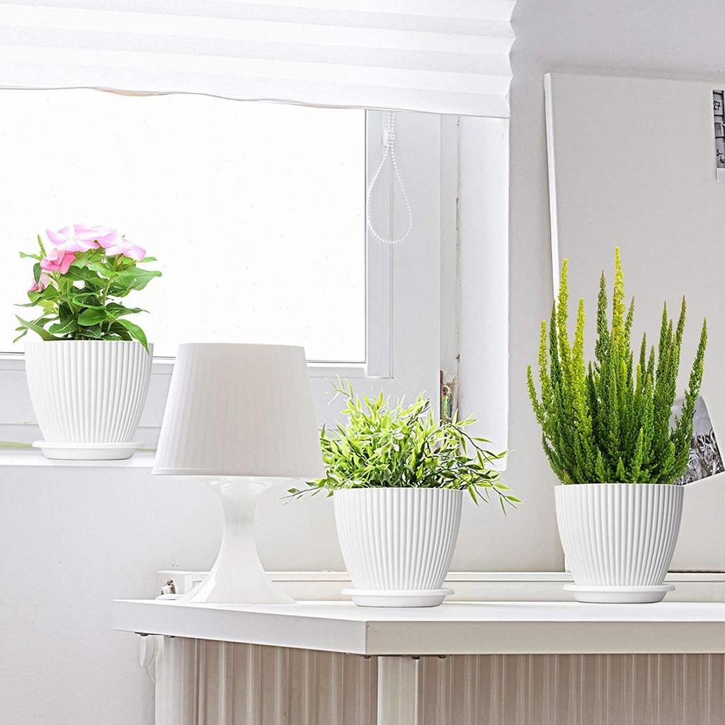 Plastic Round Flower Pots with Tray for Home Planters, Terrace, Garden Etc | Pack of 05 | White | Size 6.5 Inch | for Home Indoor & Outdoor