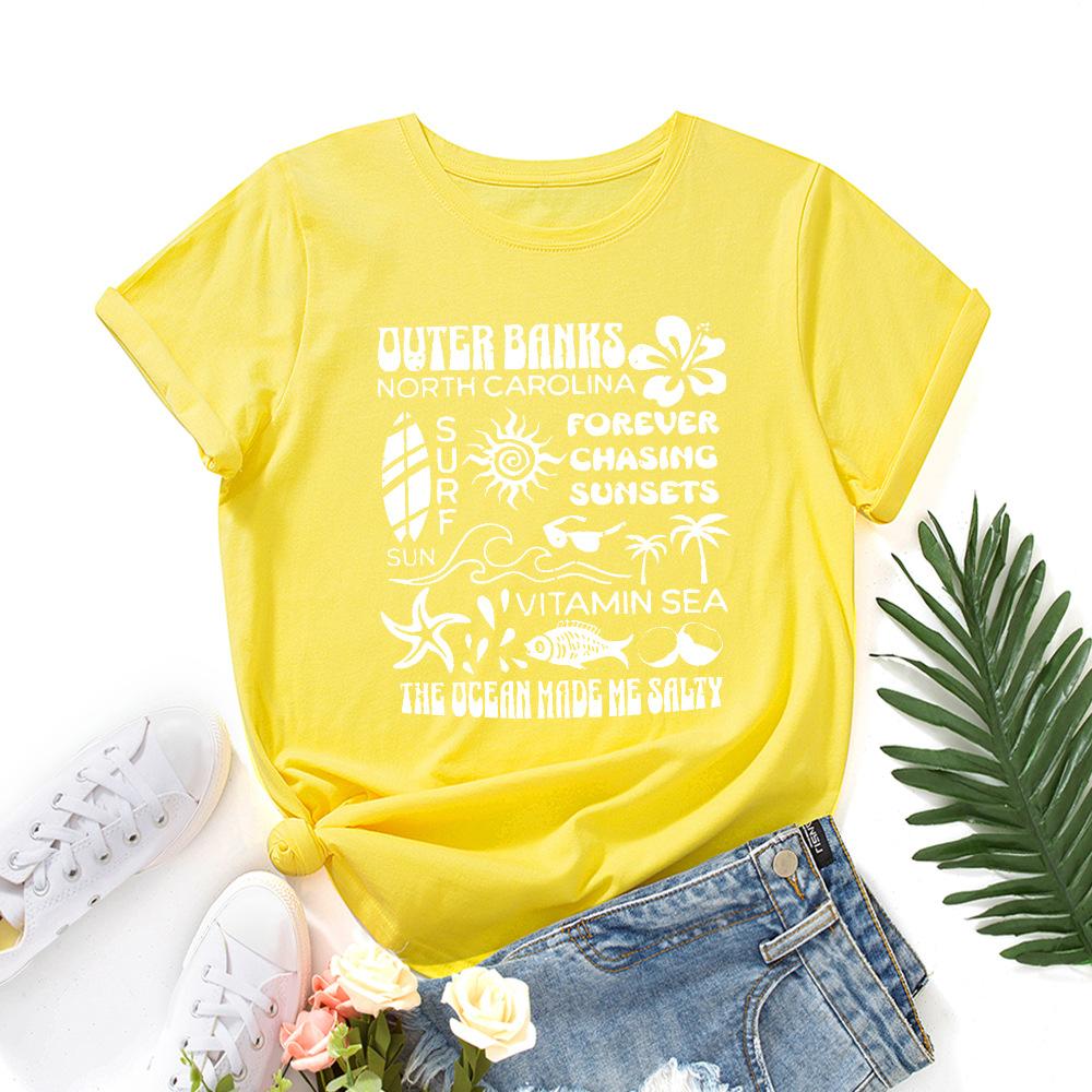Alphabet Cotton T-Shirt Short Sleeve Round Neck Women 2d Print Tops