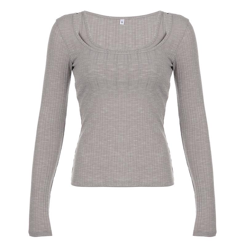 

Женская минималистичная футболка из рубчатого трикотажа, состоящая из двух частей - европейский и американский базовый топ однотонного цвета, новый стиль INS. Small серый