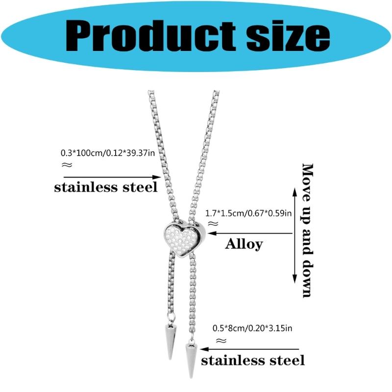 Elegant Heart Shaped Neckwear Rhinestones Accented Unisex Stainless Steel Necklace Slidable for Gifting and Daily Use