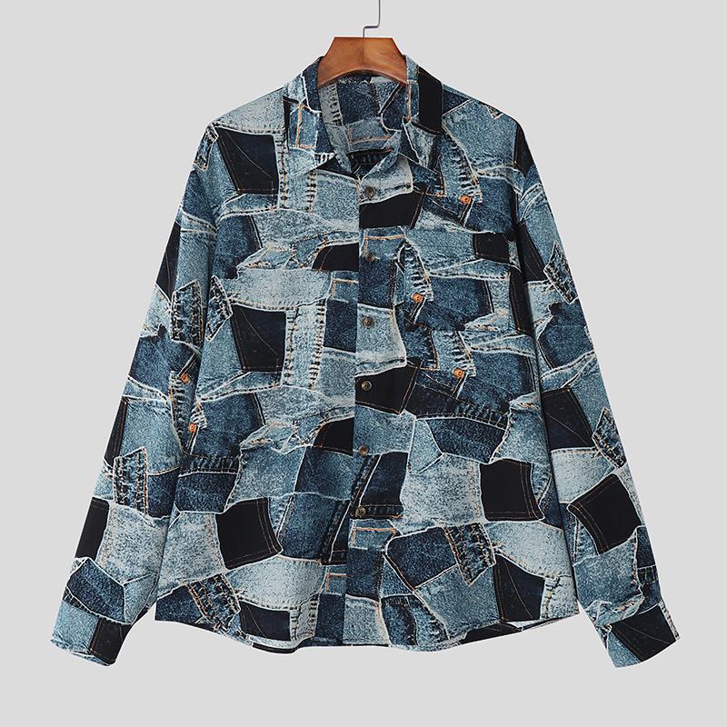 

INCERUN Oversized Men Lapel Neck Long Sleeve Print Casual Loose Shirts Tops XL