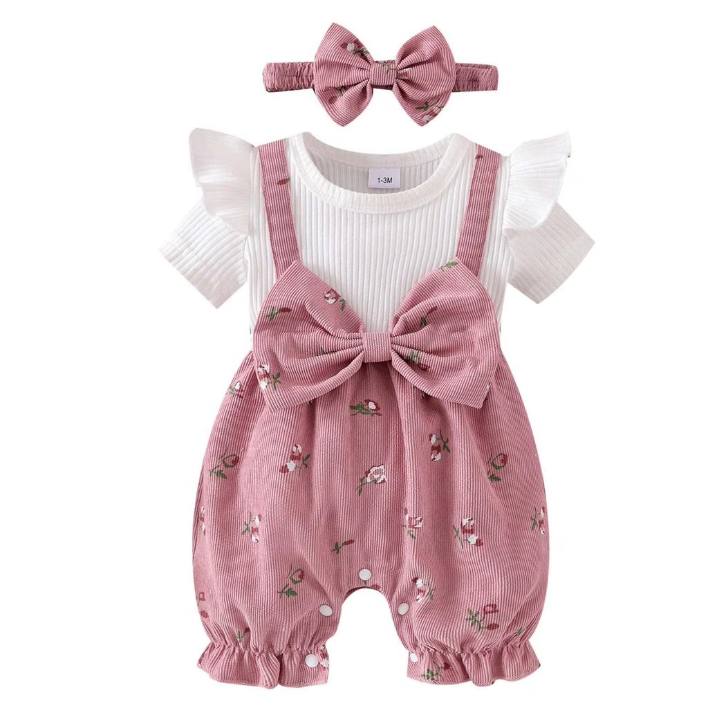 Baby Girl Bowknot Suspender Romper Set Toddler Two Piece Outfit Infant Short Sleeve Ribbed T-Shirt with Floral Print Overalls and Headband