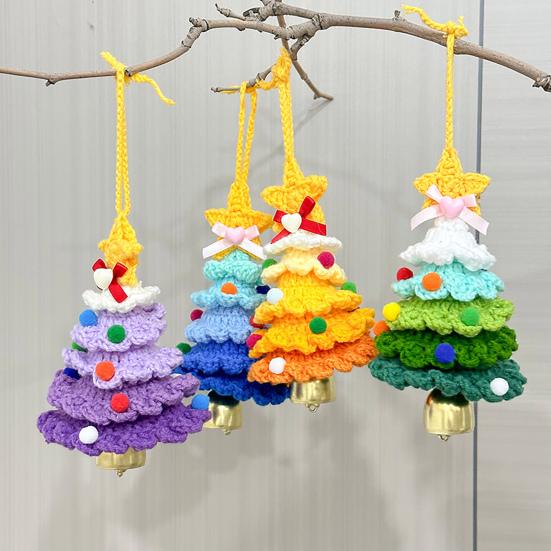 Handmade Knitted Christmas Tree Ornament with Multi-Layered Crochet Design Golden Bells Star Top Pom Pom Decor Holiday Decor
